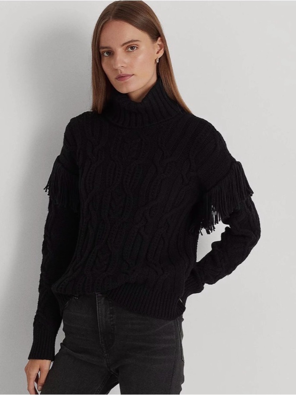 NWT Lauren Ralph Lauren Wool Blend Fringe Cable Knit Turtleneck Sweater Large